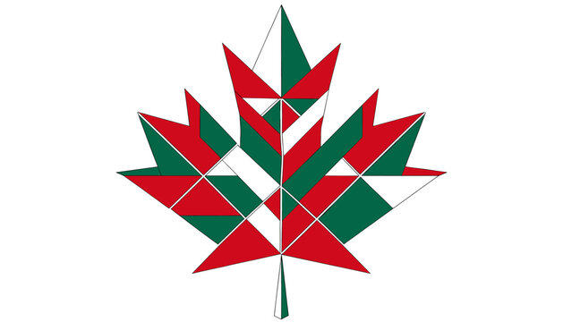 Stylized maple leaf design composed of geometric red, green, and white triangles, resembling a mosaic or stained glass pattern.