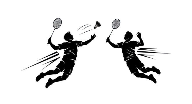 Badminton players silhouette jumping and hitting shuttlecock, dynamic action shot