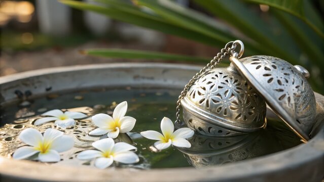 Ornate Silver Infuser with Jasmine Flowers Floating