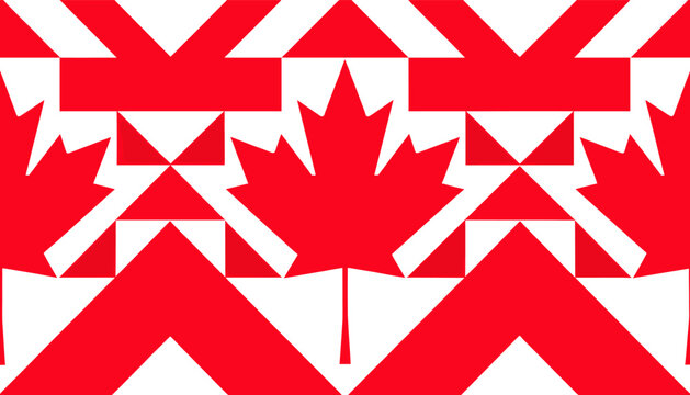 A visually striking abstract pattern featuring repeating red maple leaves and geometric shapes in a tessellating design.