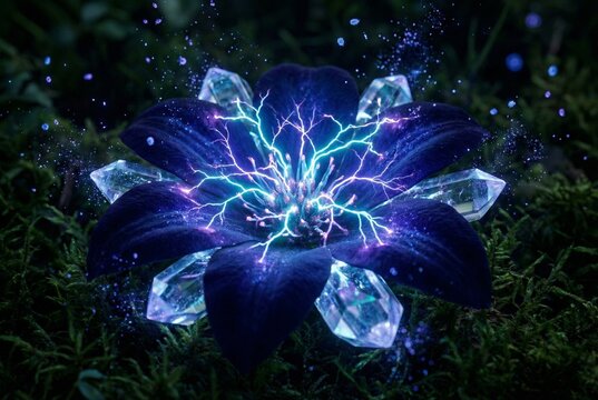 Bio-Electric Botanical Bloom: Macro Photography of Fantasy Flower emitting Cyan Static Plasma Discharge and Luminous Pollen Dus