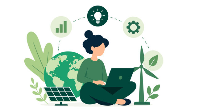 Female coder using laptop in eco friendly setting with wind turbine.