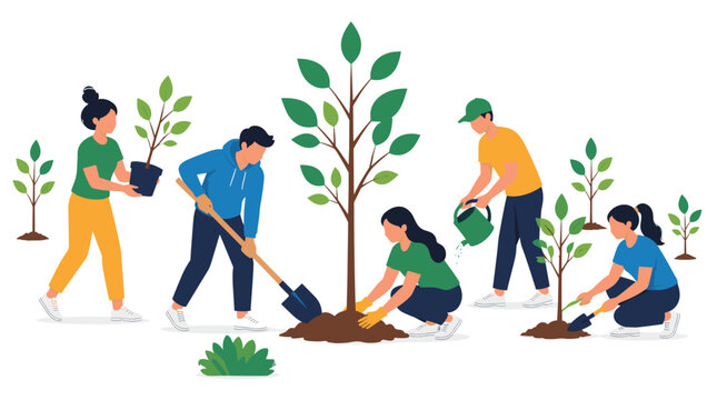 Group of Volunteers Planting Saplings and Trees Outdoors.