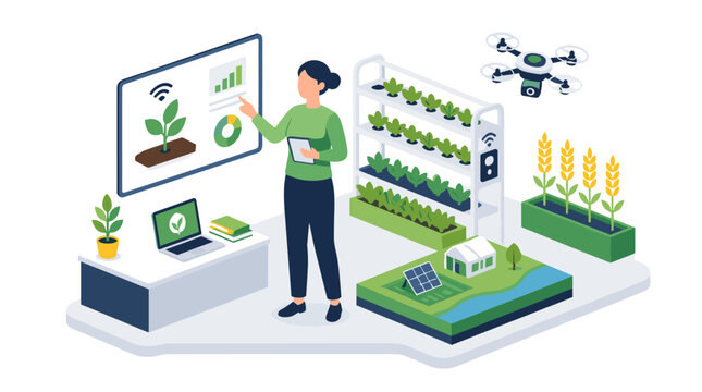 Modern farmer controlling smart farming system with robotics.