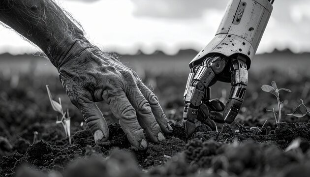 モノクロ：風吹く農場で農夫の手とロボット手が土に触れる写真