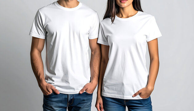 Couple wearing plain white t-shirts and blue jeans, mockup for apparel design, template for branding, studio shot