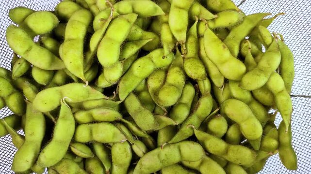 白背景で回転するザルに盛った生のだだちゃ豆（枝豆）