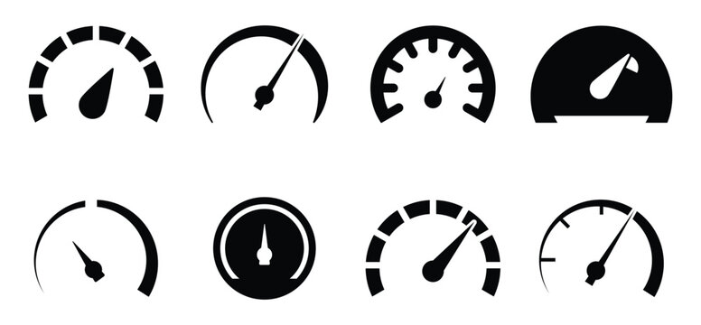 Speedometer and dashboard eight gauge icon set. black solid meter level glyph and Speed dial and tachometer isolated symbols. vector illustration.