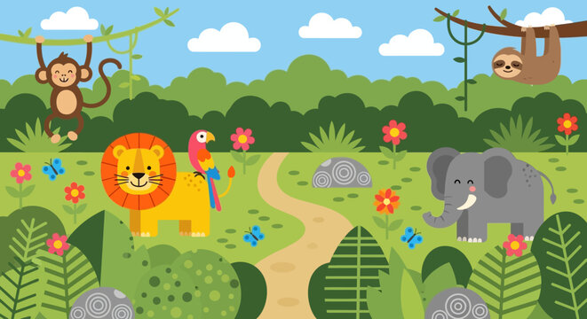 A charming flat vector illustration depicting a vibrant jungle scene with playful cartoon animals and lush greenery