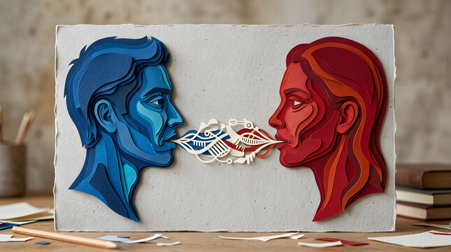 Blue and Red Paper Cut-out Profiles Engaging in Dialogue with Intricate Speech Elements