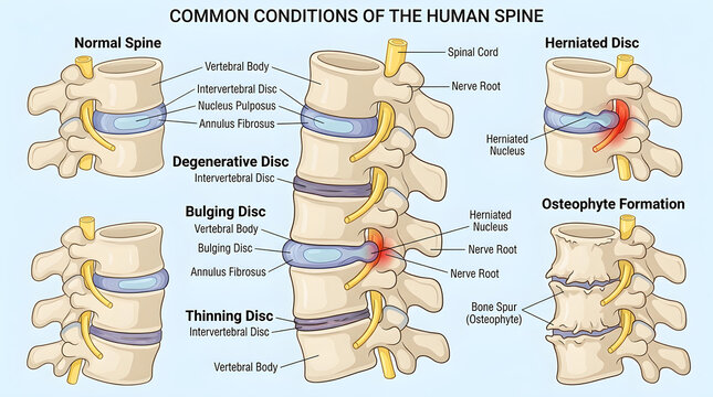 Medical Illustration of Common Human Spine Conditions: Normal, Herniated, Bulging, Degenerative Discs, and Osteophyte Formation