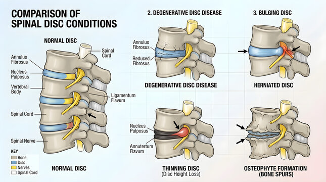 Medical Illustration Comparing Normal, Degenerative, Bulging, and Herniated Spinal Disc Conditions