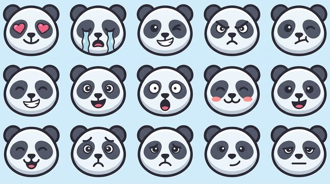 Cute cartoon panda face emoji grid with varied expressive emotions.