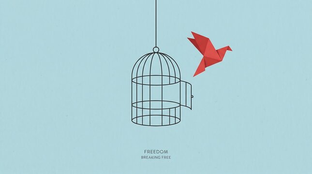 Red origami bird escaping from an open cage against a pale blue background.