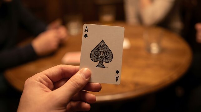 Hand holding an ace of spades playing card over wooden table during social card game.