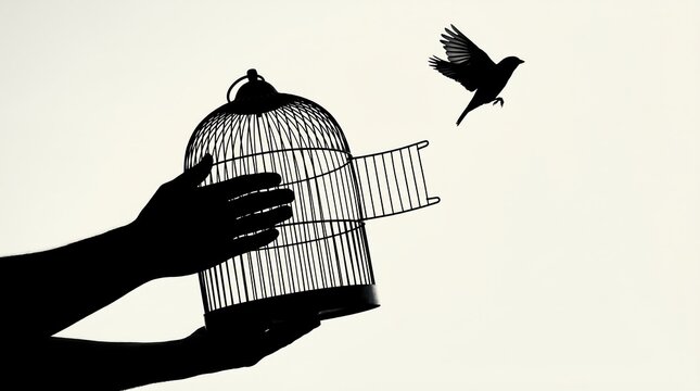 Silhouette of a hand opening a birdcage releasing a bird in flight.