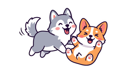 Cute cartoon husky and corgi playing together, happy dogs, animal illustration © gedang