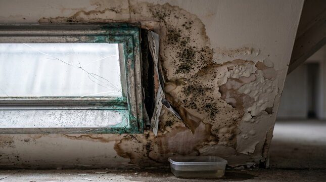 Water damage and mold growth around basement window. Featuring peeling paint, fungal spores, and damp stains on wall. Highlighting structural leakage and roof or pipe failure in residential