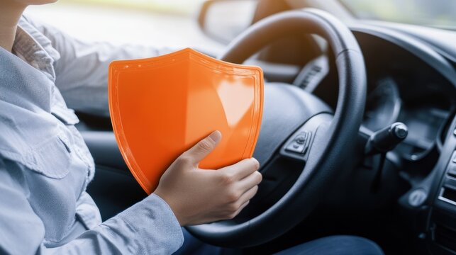 Person holding shield while driving a car