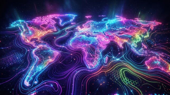 Futuristic neon world map with glowing data lines, colorful digital global connectivity background, abstract earth map for cyber technology