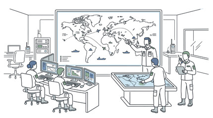 Obraz premium Line drawing of four technicians working together in a control room with a large world map and computer screens.