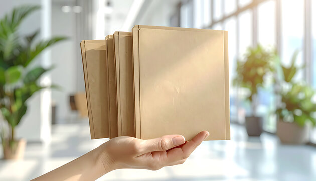 Hand holding a stack of brown paper folders or documents in a bright, modern office setting with green plants and sunlight