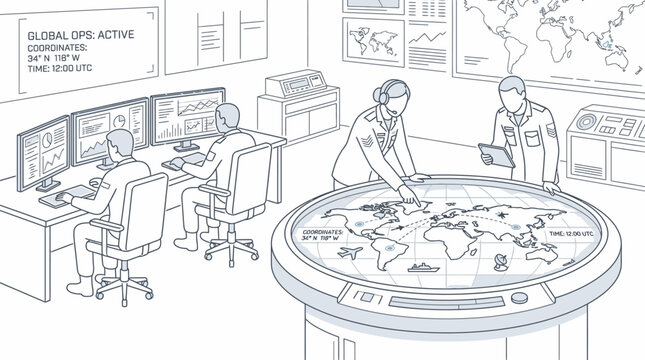 Illustration of a team collaborating on a large world map in a high-tech control room with screens and computers.