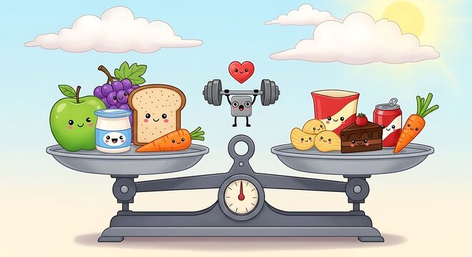 Healthy food versus junk food balance.