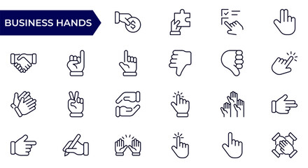 Fototapeta premium Business Hands Line Icon Set for Handshake, Partnership, Agreement, Teamwork, Trust and Corporate Collaboration Outline Vector Collection