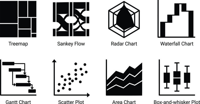 Solid black data visualization chart and graph icon set collection vector