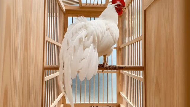A beautiful white Onagadori rooster with exceptionally long tail feathers stands perched inside a traditional tall wooden tomebako cage