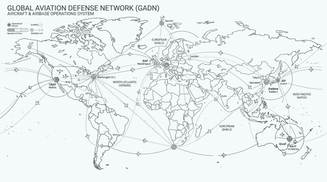 A detailed line drawing of a world map illustrating the Global Aviation Defense Network (GADN) with connected lines and dots on a plain background.