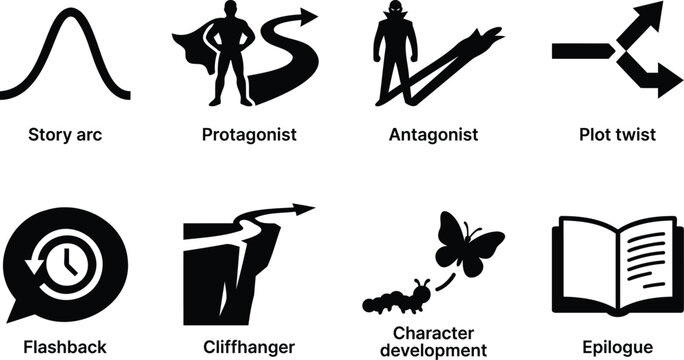 Storytelling plot elements solid black silhouette icon set collection vector