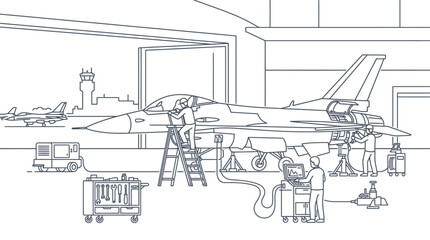 Obraz premium Line drawing of mechanics working on a fighter jet in a hangar with tools and equipment.