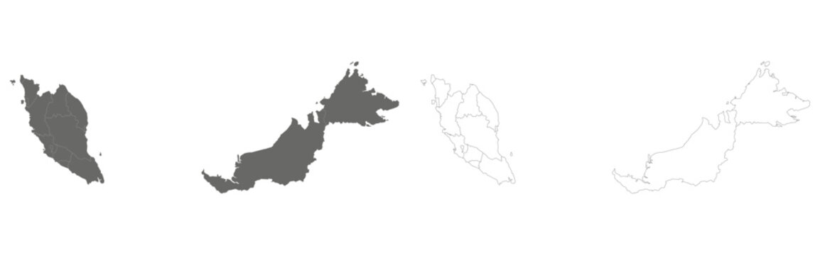 Malaysia map silhouette grayscale and outline versions on white background