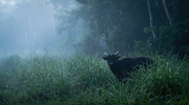 A young anoa grazing in tall elephant grass near a dense tropical forest, captured in a cinematic widescreen composition that highlights the elusive nature of this rare dwarf buffalo in the wild.