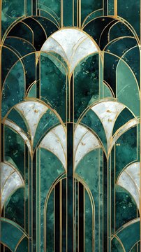 Elegant art deco abstract background with emerald green panels and gold trim. Symmetrical luxury design inspired by the Great Gatsby era for premium invitations.