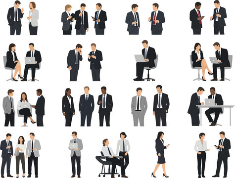 Collection of business people in various meeting and discussion poses with business discussion collaboration teamwork professionals corporate illustration communication agreement planning