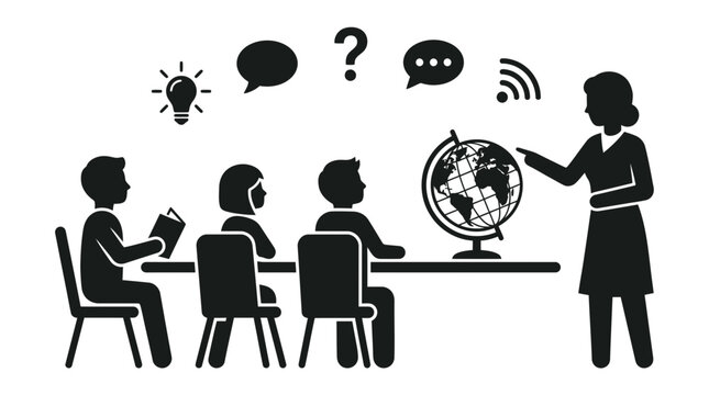 Teacher instructing students with globe, symbolizing education, learning, and global knowledge