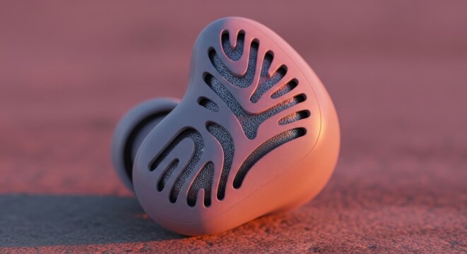 Modern ergonomic earphone with patterned perforations on the outer shell, featuring a detailed organic design and cinematic widescreen lighting, perfect for high end audio technology photography.