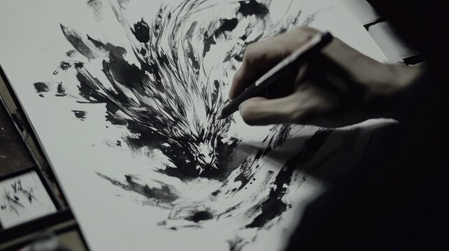 Artist drawing a creative ink illustration
