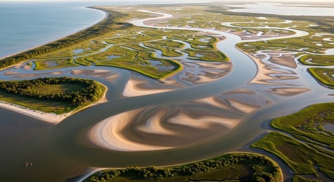 Aerial view of winding river landscape.