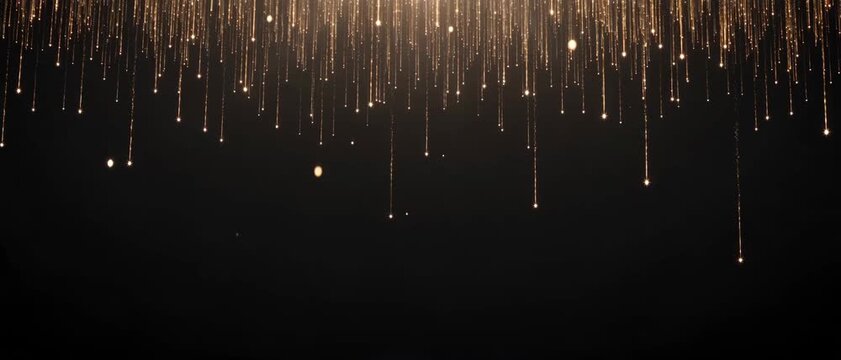 Generative AI, Luxury gold glitter particles falling down on black background, elegant awards stage background loop