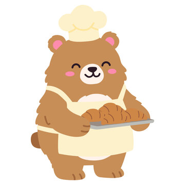 Cute Brown Pastry Chef Bear Holding Croissant Tray with Cream Apron and Hat