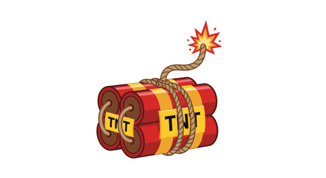 Dynamite sticks with burning fuse illustration, explosive danger symbol, isolated on white background