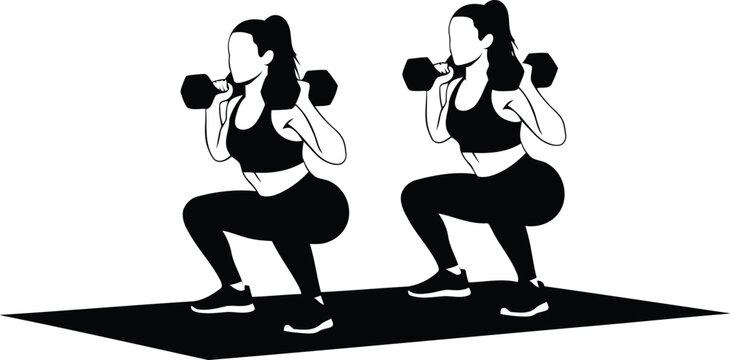 Fitness woman silhouette performing squat exercise isolated on white background