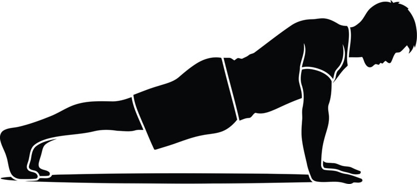 Silhouette of Man Doing Push Up Exercise in Plank Position on White Background