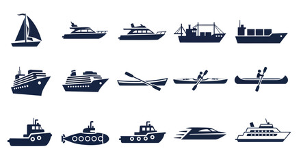 Collection of Nautical Vessels Icons: Sailboat, Yacht, Ship, Cruise, Kayak, Canoe, Submarine © Herukloro