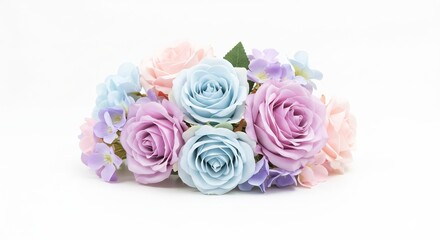 Fototapeta premium Soft studio light illuminates a delicate pastel rose bouquet and tiny hydrangeas offering serene beauty