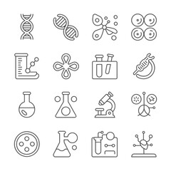 Fototapeta premium Science icons set including dna microscope test tubes beaker petri dish laboratory equipment on white background for biology chemistry and research concepts